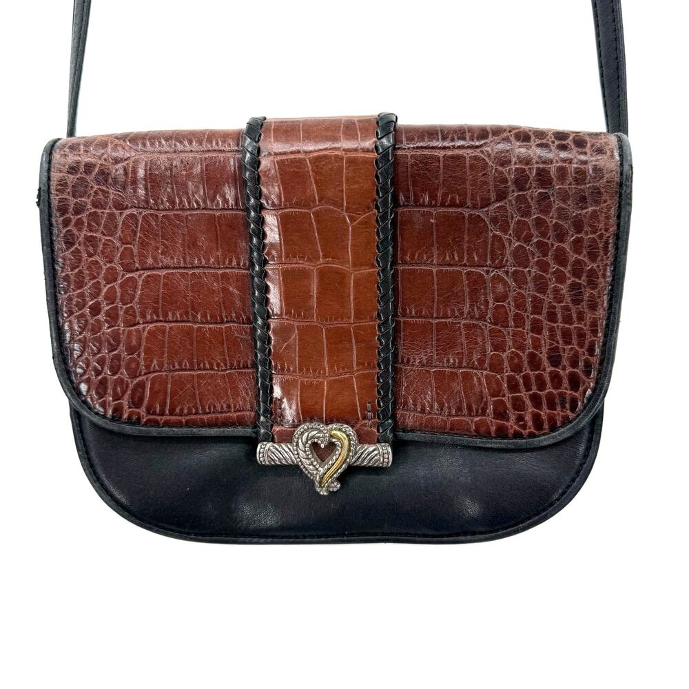 Brighton One World Crossbody Bag Purse Brown Black Leather Snap Closure Smaller‎